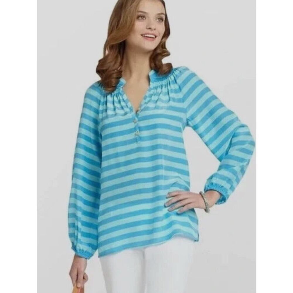 NWOT ⭐️Rare⭐️ Lilly Pulitzer Elsa 100% Silk blouse green/Blue Stripe, Sm $128 G4